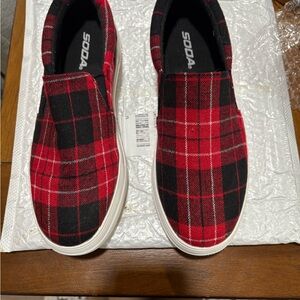 SODA women’s Red and Black Plaid Slip-On Shoes